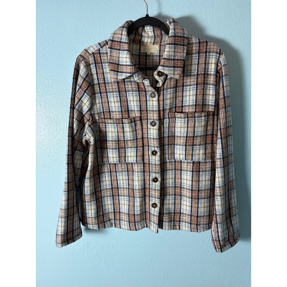 Melloday Womens Plaid Button Down Shacket Ivory Brown L Fall Cabin Core Boxy